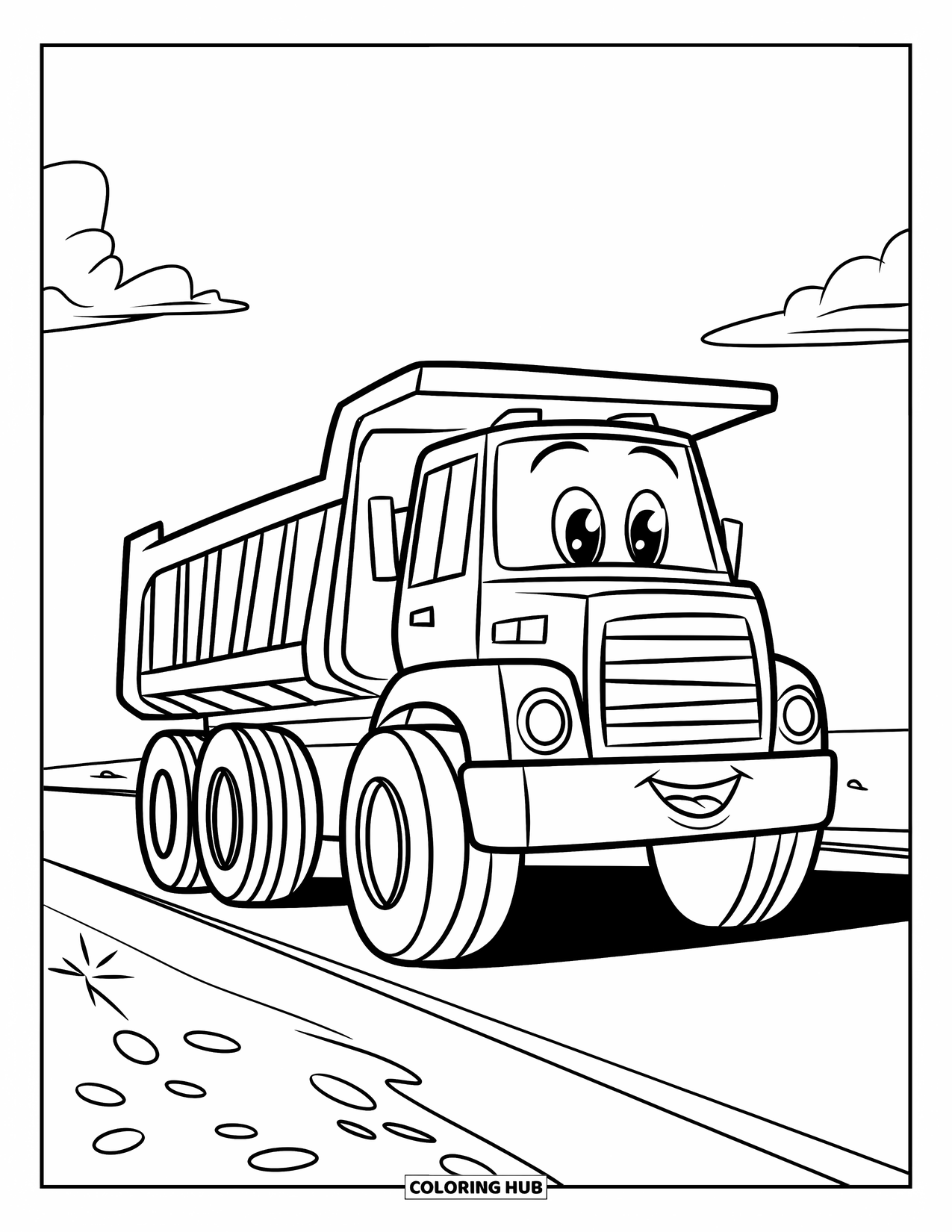 Vehicle Coloring Page for Kids: A dump truck with a smiling face rolls under a sunny sky