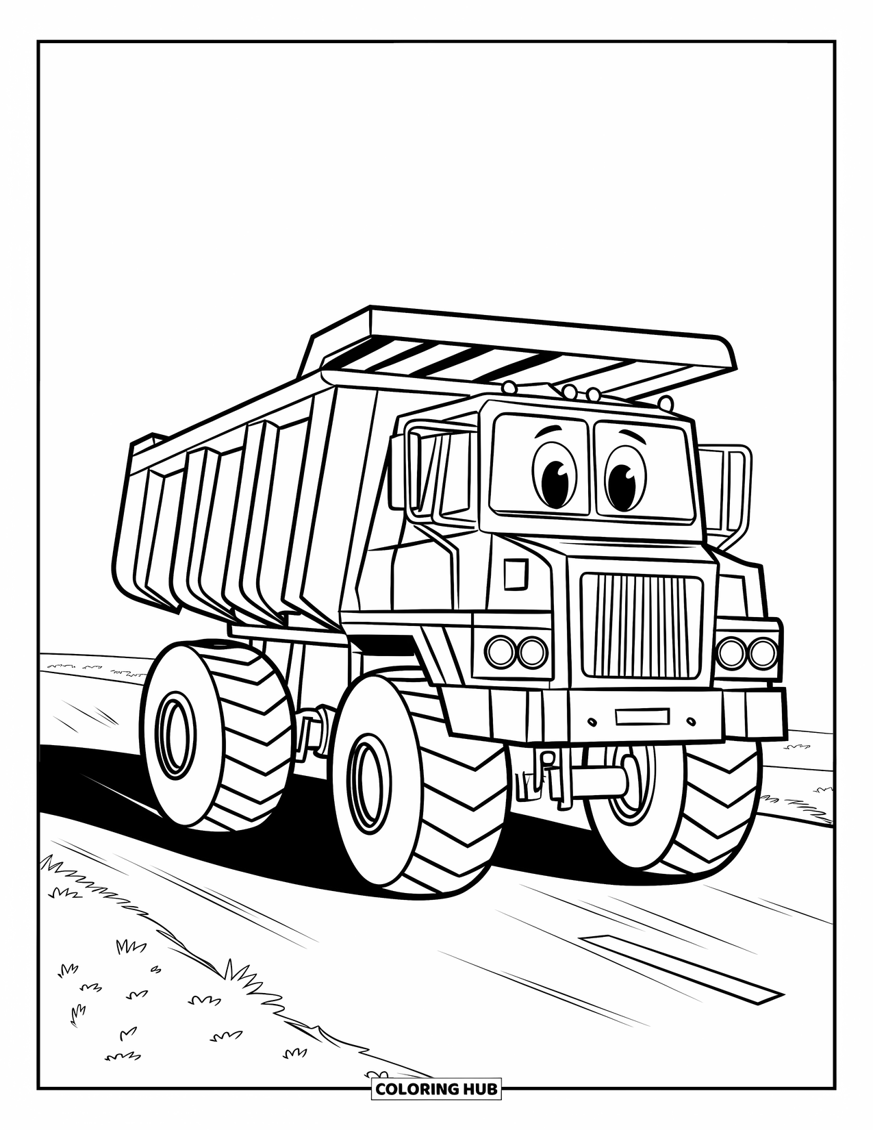 Vehicle Coloring Page for Kids: A happy dump truck cruises through an open field