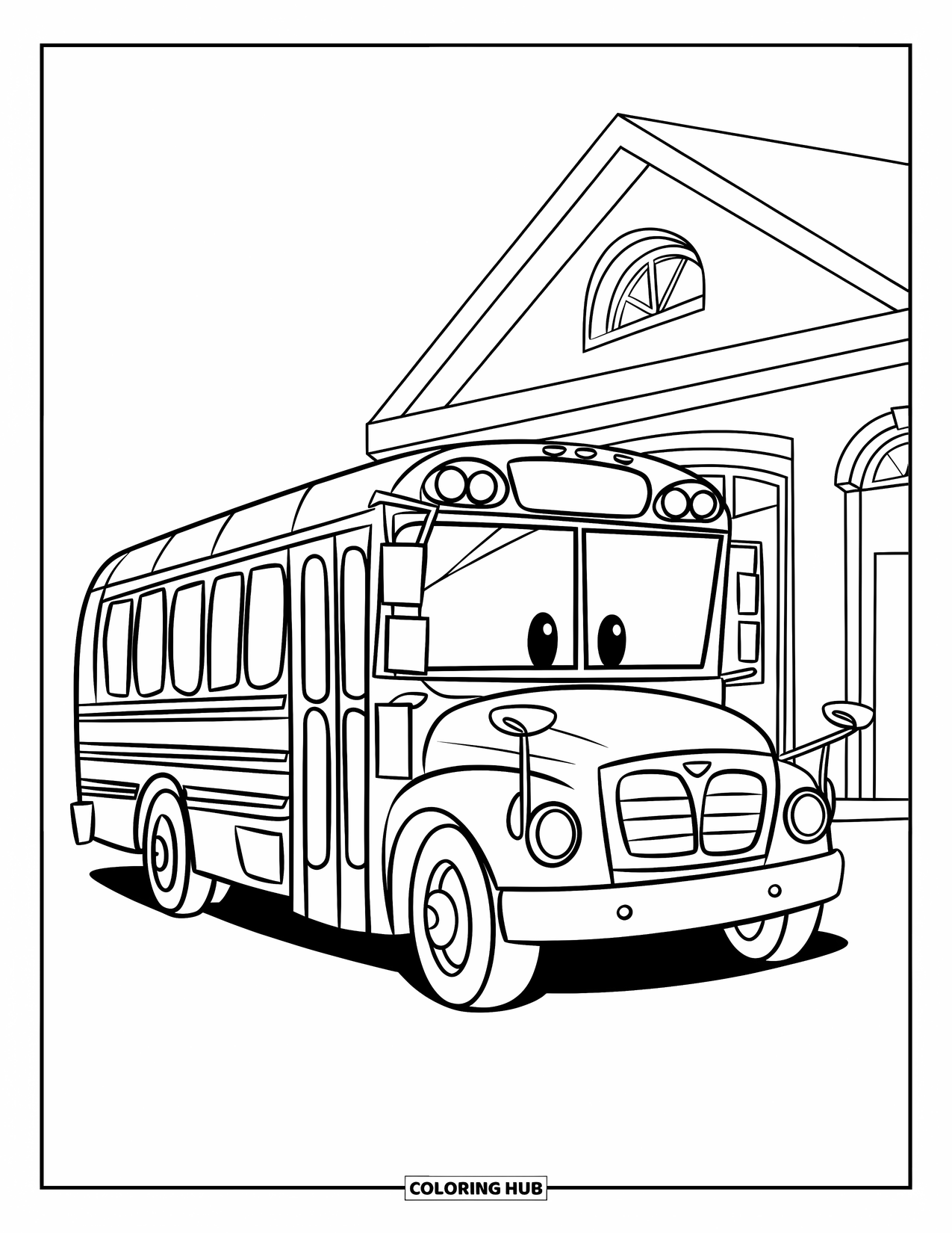 Vehicle Coloring Page for Kids: A happy school bus waits in front of a small building