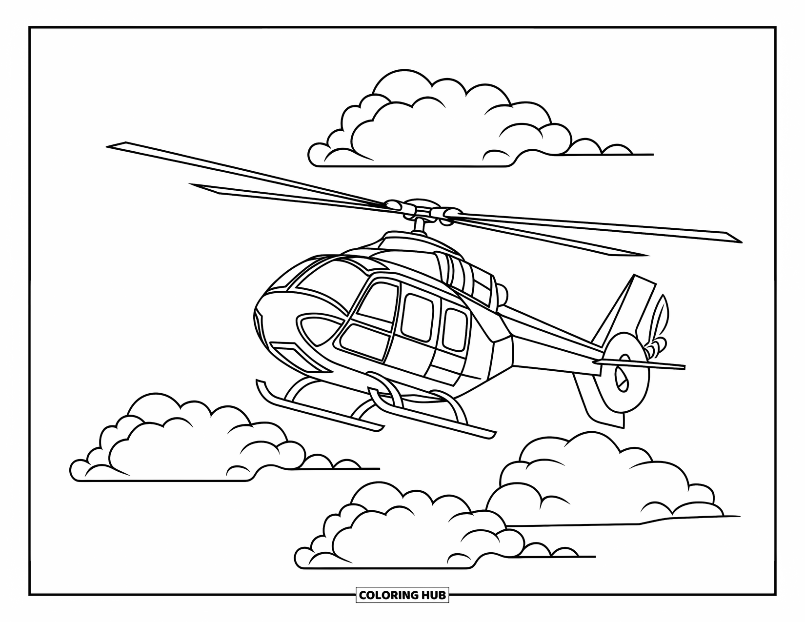 Vehicle Coloring Page for Kids: A helicopter soars through fluffy clouds in the sky