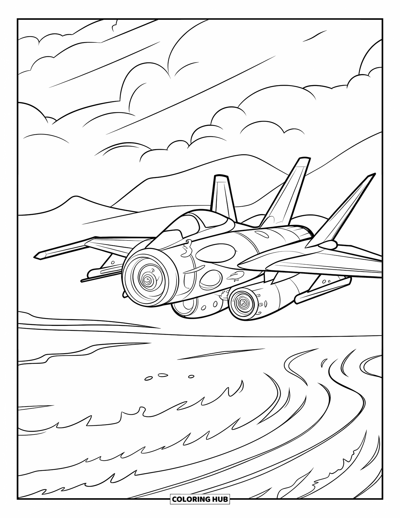 Vehicle Coloring Page for Kids: A jet flies high above waves and mountain peaks