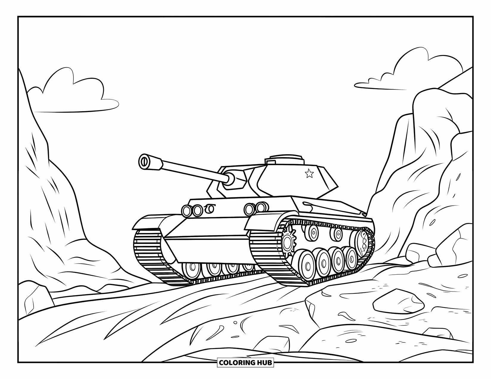 Vehicle Coloring Page for Kids: A large tank moves over boulders under a clear sky