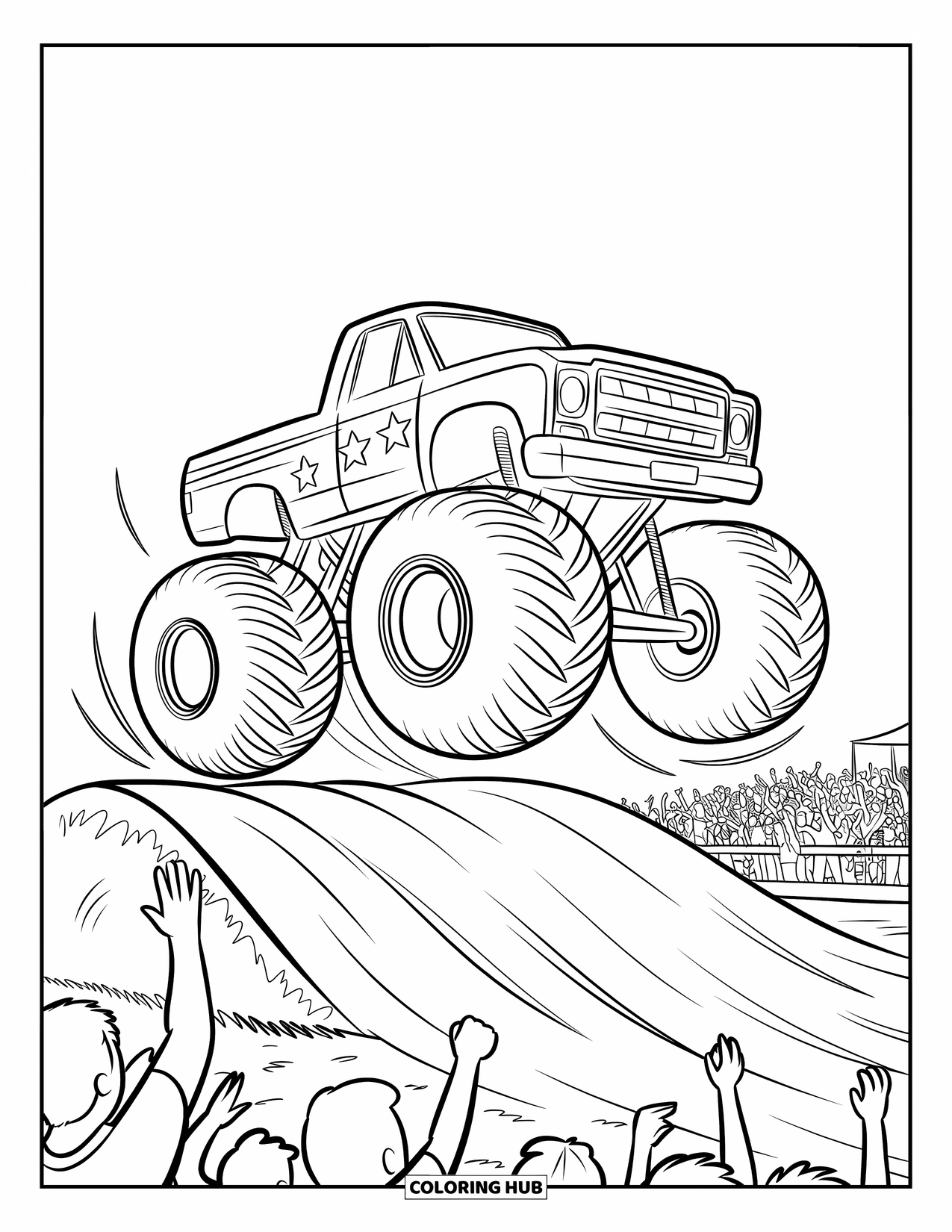 Vehicle Coloring Page for Kids: A monster truck jumps off a dirt ramp before a cheering crowd