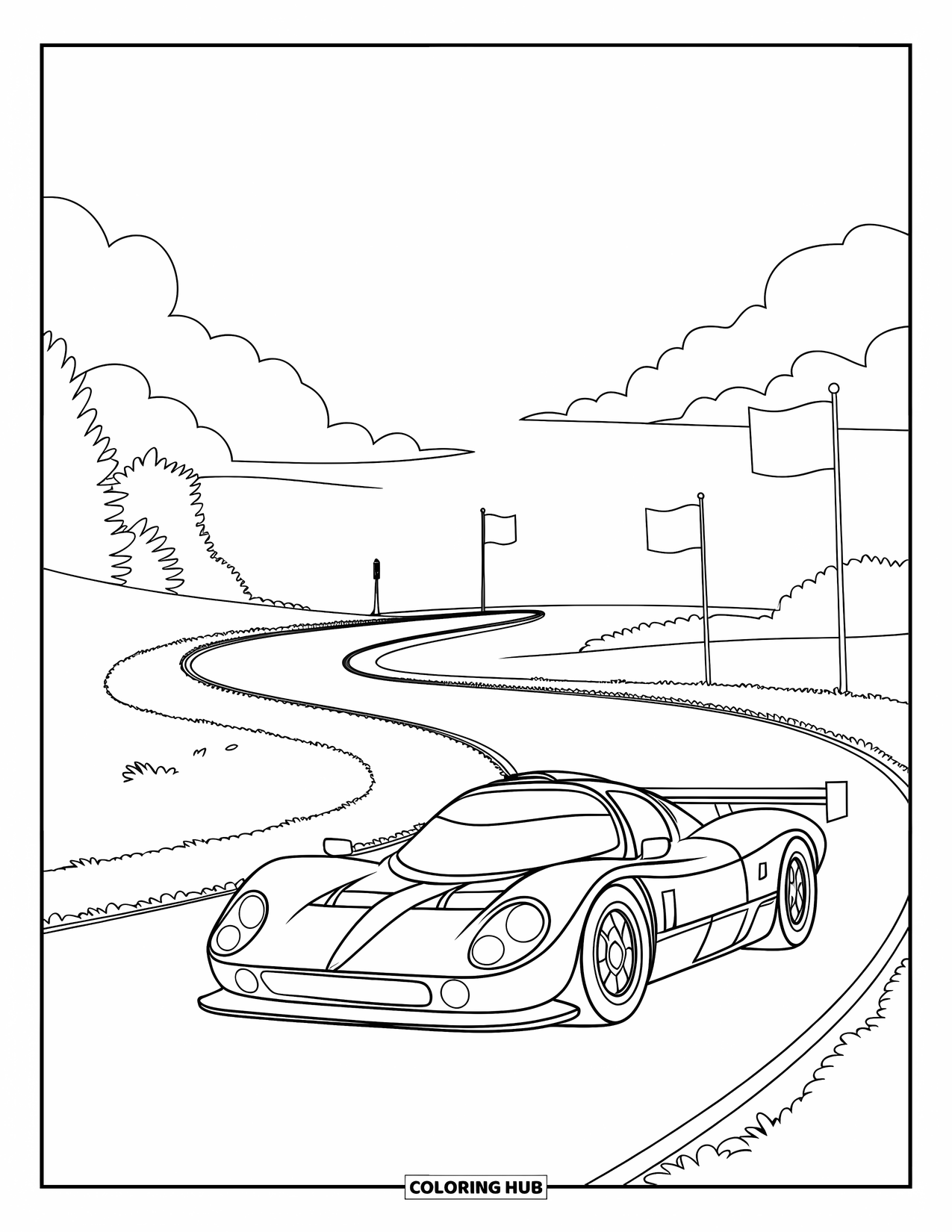Vehicle Coloring Page for Kids: A red-striped car zips along a winding track with flags flying