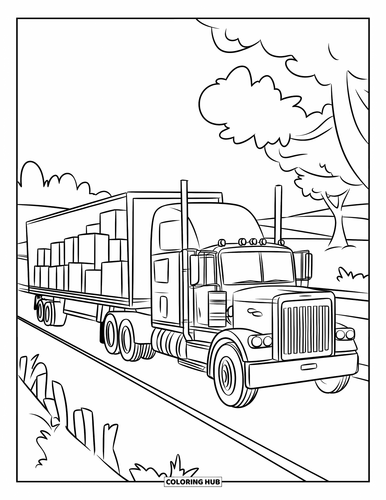 Vehicle Coloring Page for Kids: A semi-truck hauls cargo down a peaceful country highway