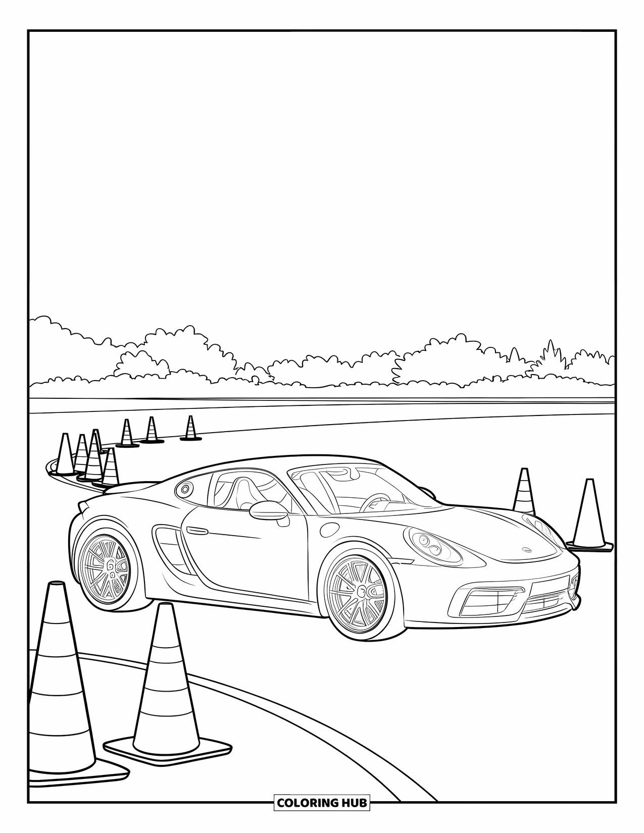 Vehicle Coloring Page for Kids: A sleek car is parked among cones in an open lot