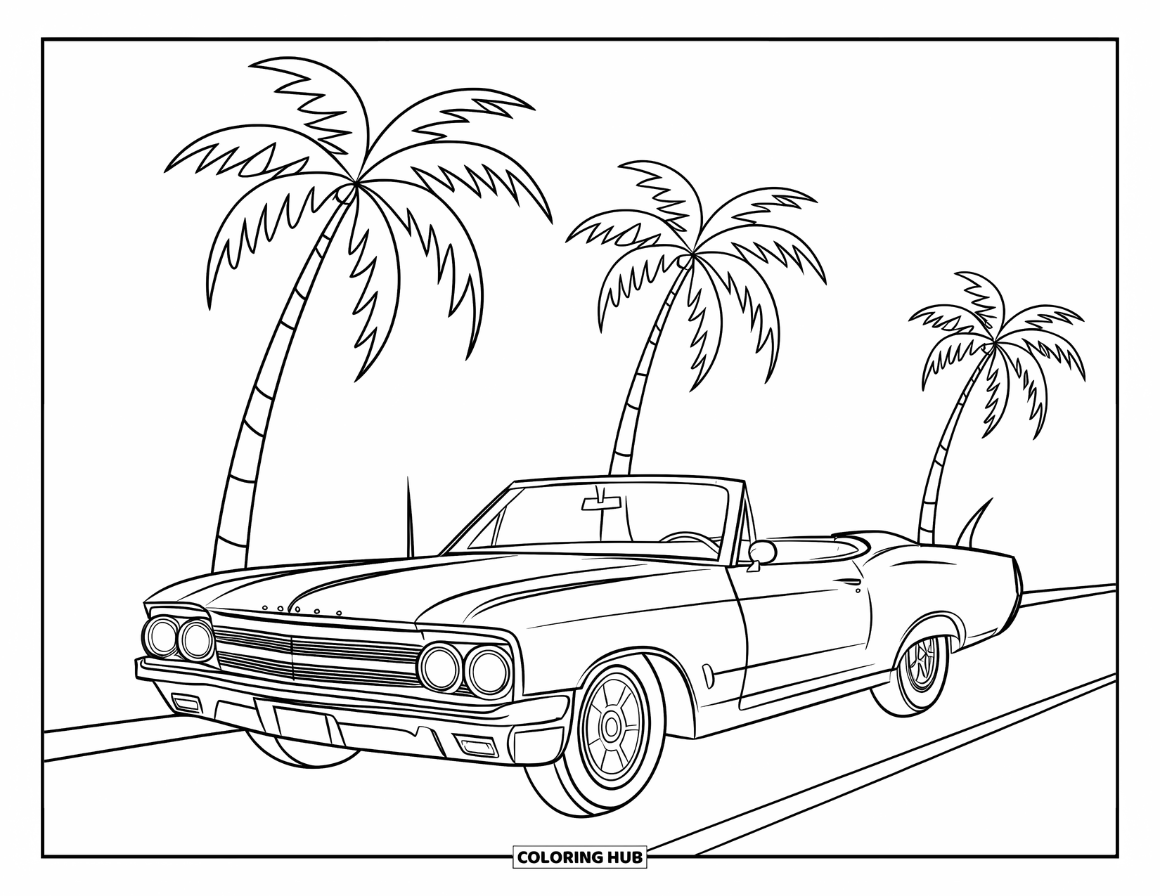 Vehicle Coloring Page for Kids: A sleek car sits under palm trees near a road