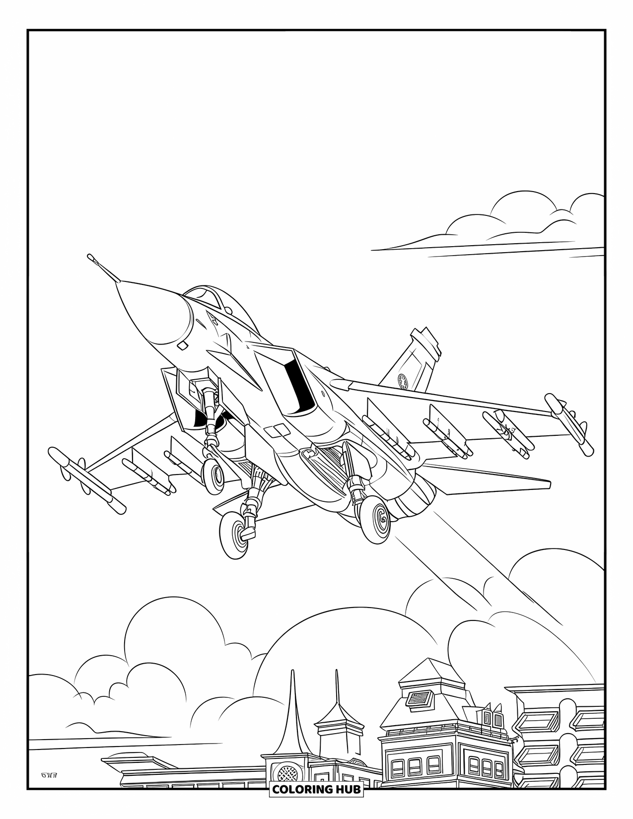 Vehicle Coloring Page for Kids: A sleek jet flies over a city filled with tall buildings