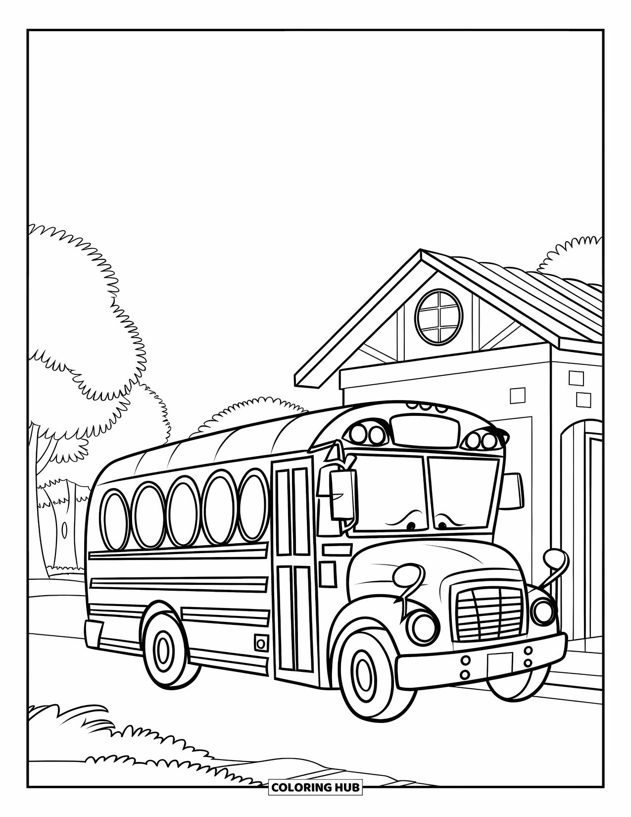 Vehicle Coloring Page for Kids: A smiling school bus stops near a building and trees