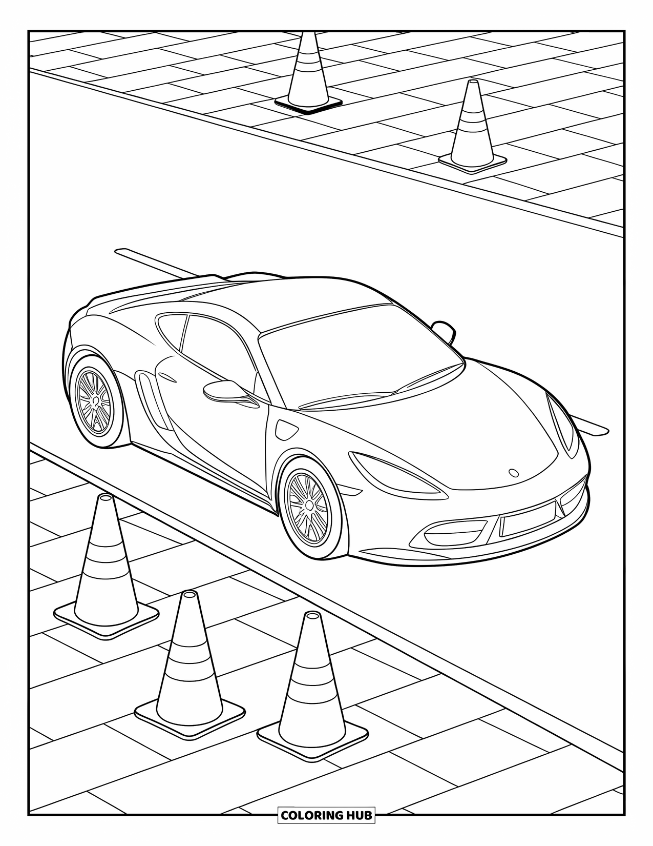 Vehicle Coloring Page for Kids: A sports car parks near traffic cones on a driving course