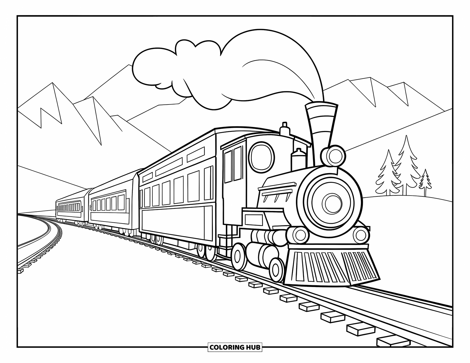 Vehicle Coloring Page for Kids: A three-car train rides down tracks through mountains and trees