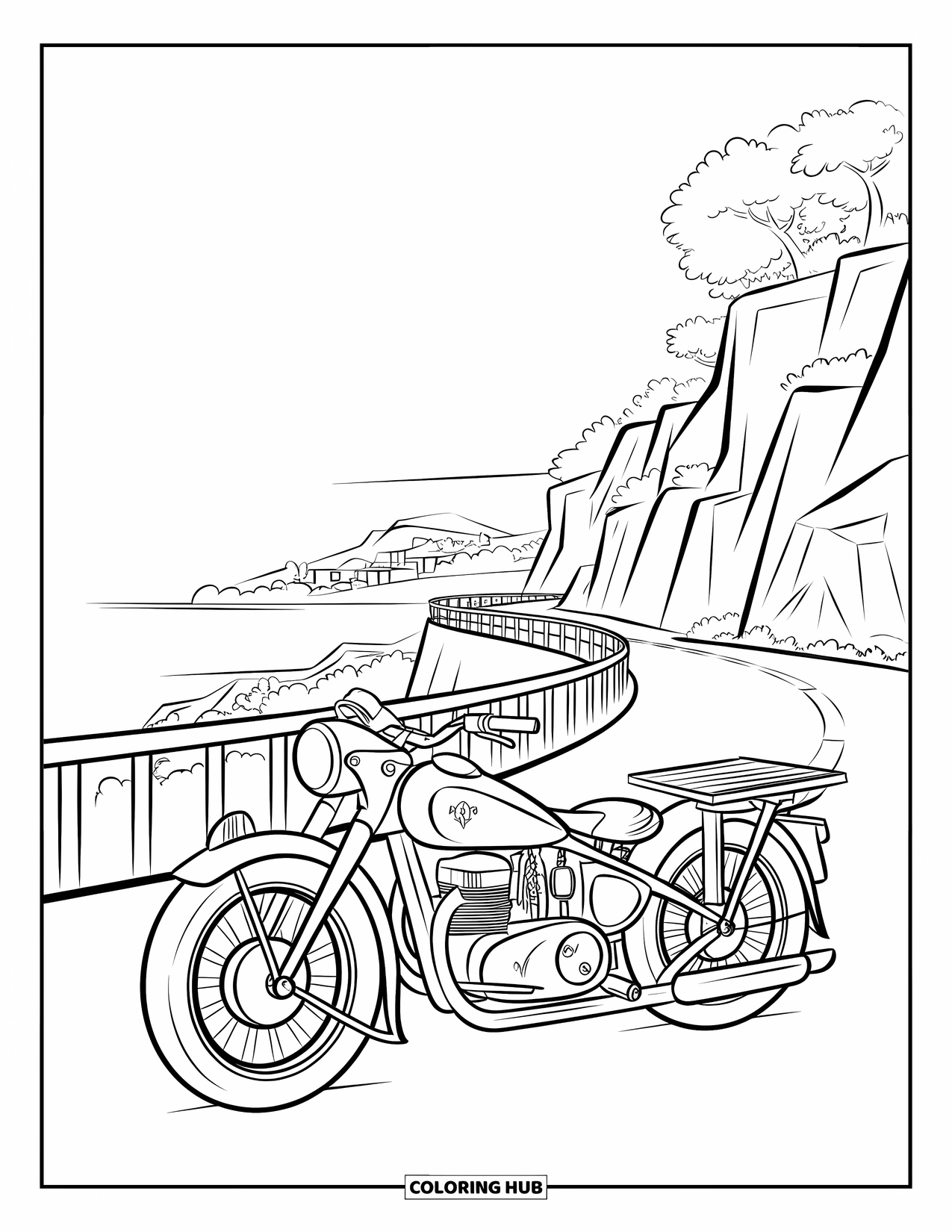 Vehicle Coloring Page for Kids: A wooden sidecar bike rests near cliffs and a distant town