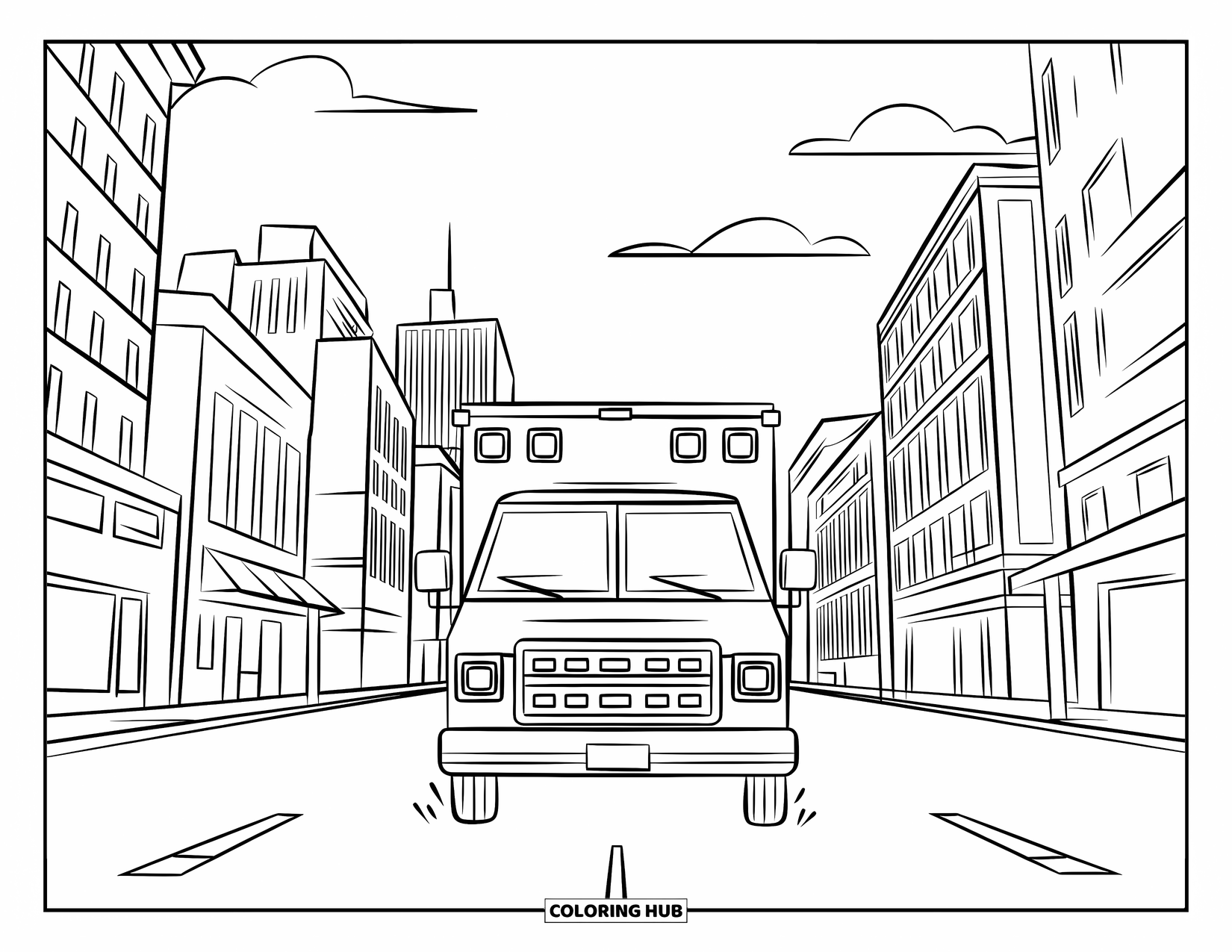 Vehicle Coloring Page for Kids: An ambulance races down a city street with sirens on