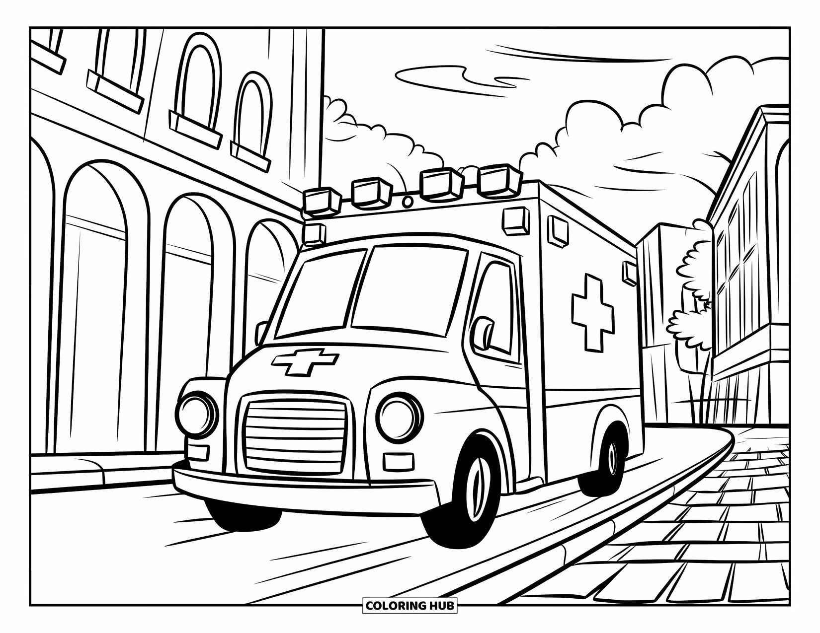 Vehicle Coloring Page for Kids: An ambulance rushes on cobblestone past tall buildings and trees