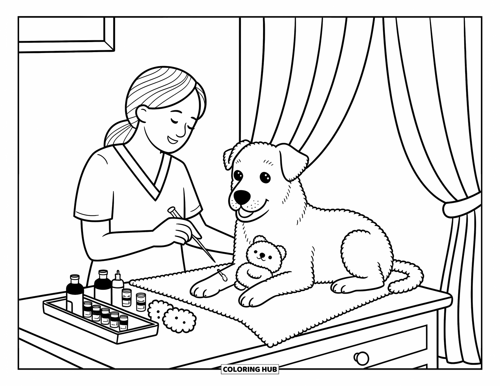 Vet Coloring Page for Adults: A calm dog gets a gentle paw check in a cozy clinic corner