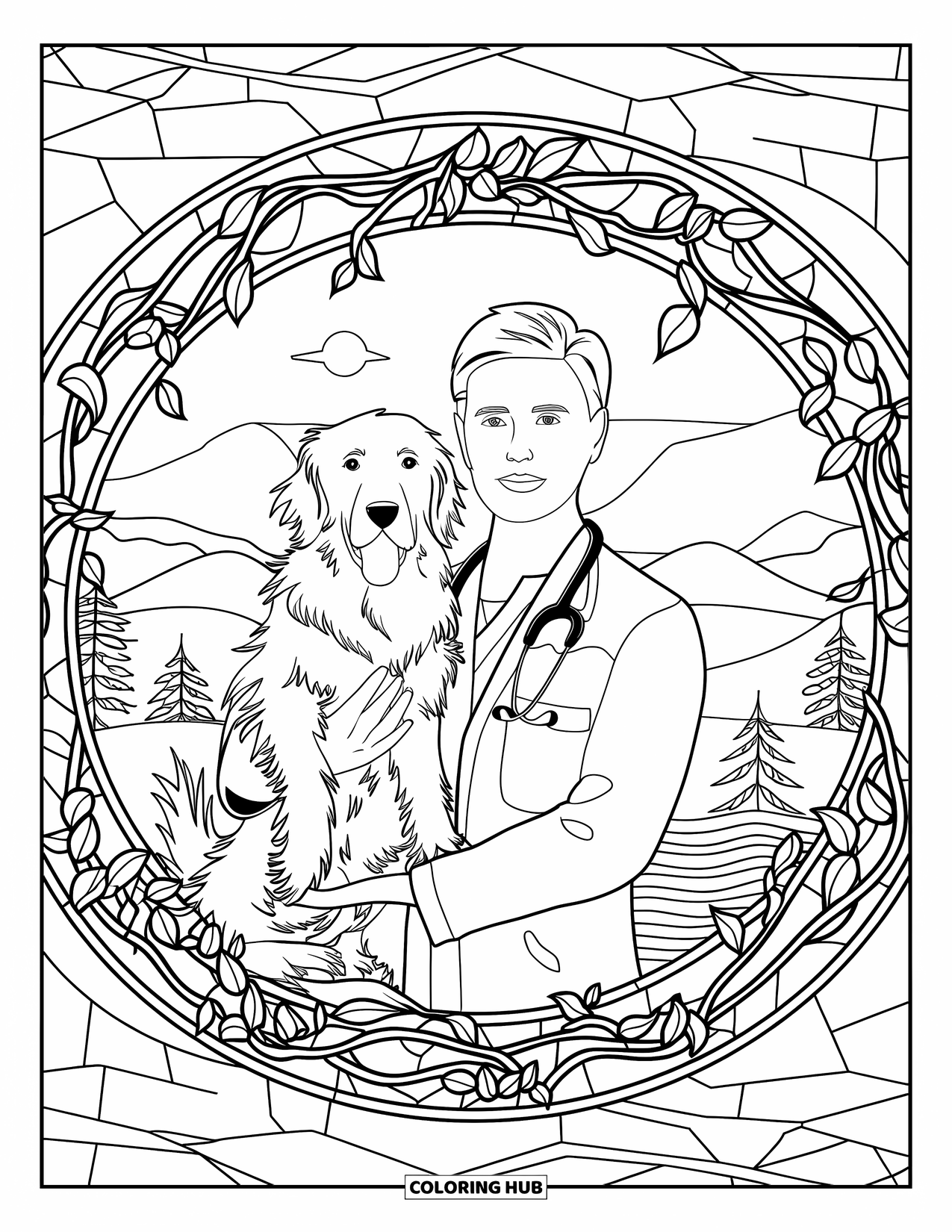 Vet Coloring Page for Adults: A dog and vet share a moment framed by stained glass vines and trees