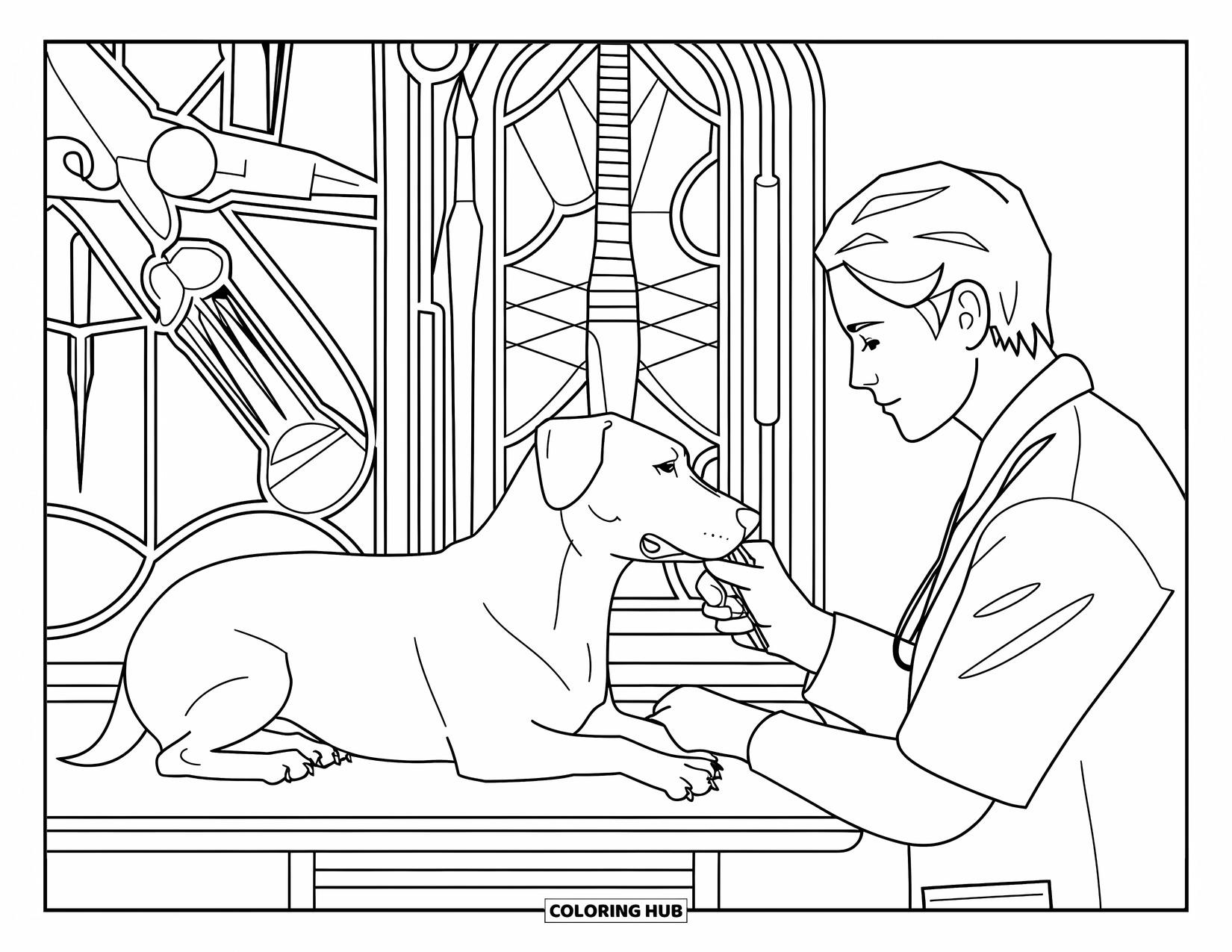 Vet Coloring Page for Adults: A dog receives care while intricate stained glass tools glow behind it