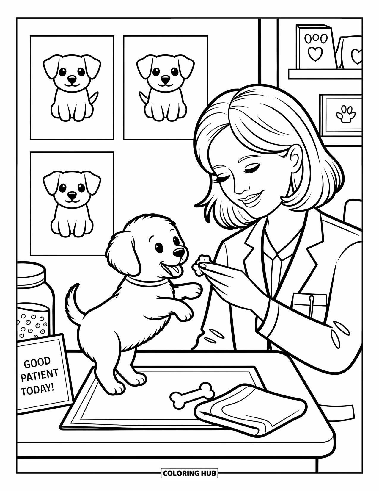 Vet Coloring Page for Adults: A happy vet gives a treat to a playful pup in a cheerful room