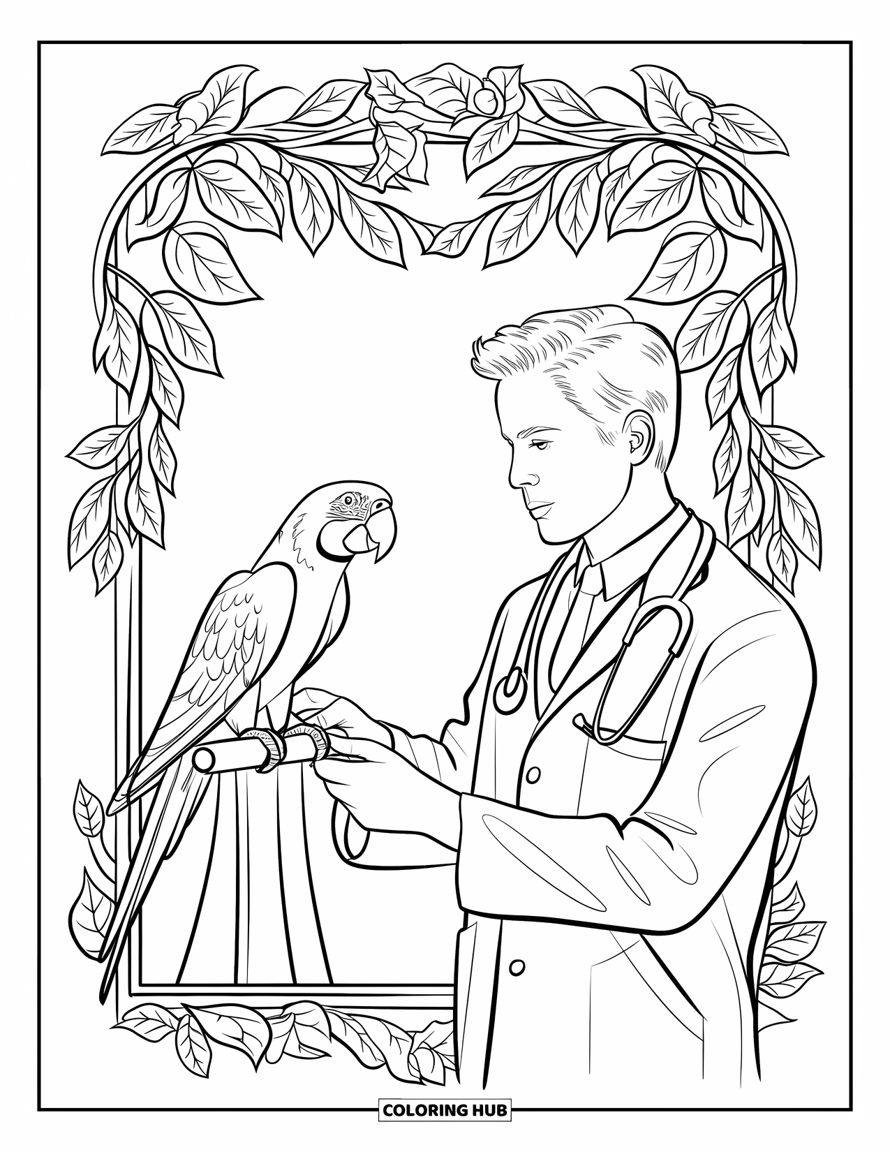 Vet Coloring Page for Adults: A parrot and vet connect in a quiet space with blooming leafy details
