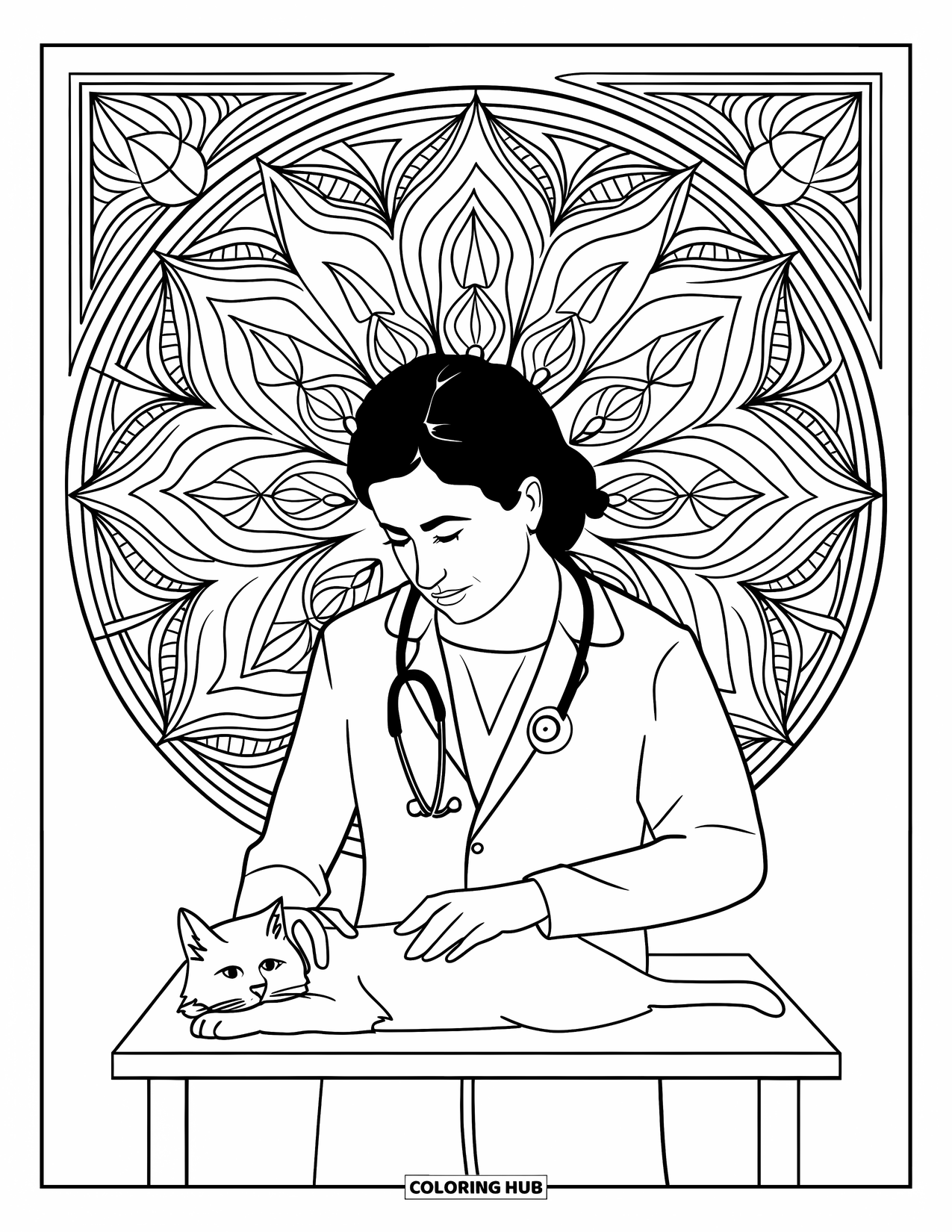 Vet Coloring Page for Adults: A peaceful cat is examined within a garden-inspired mandala design