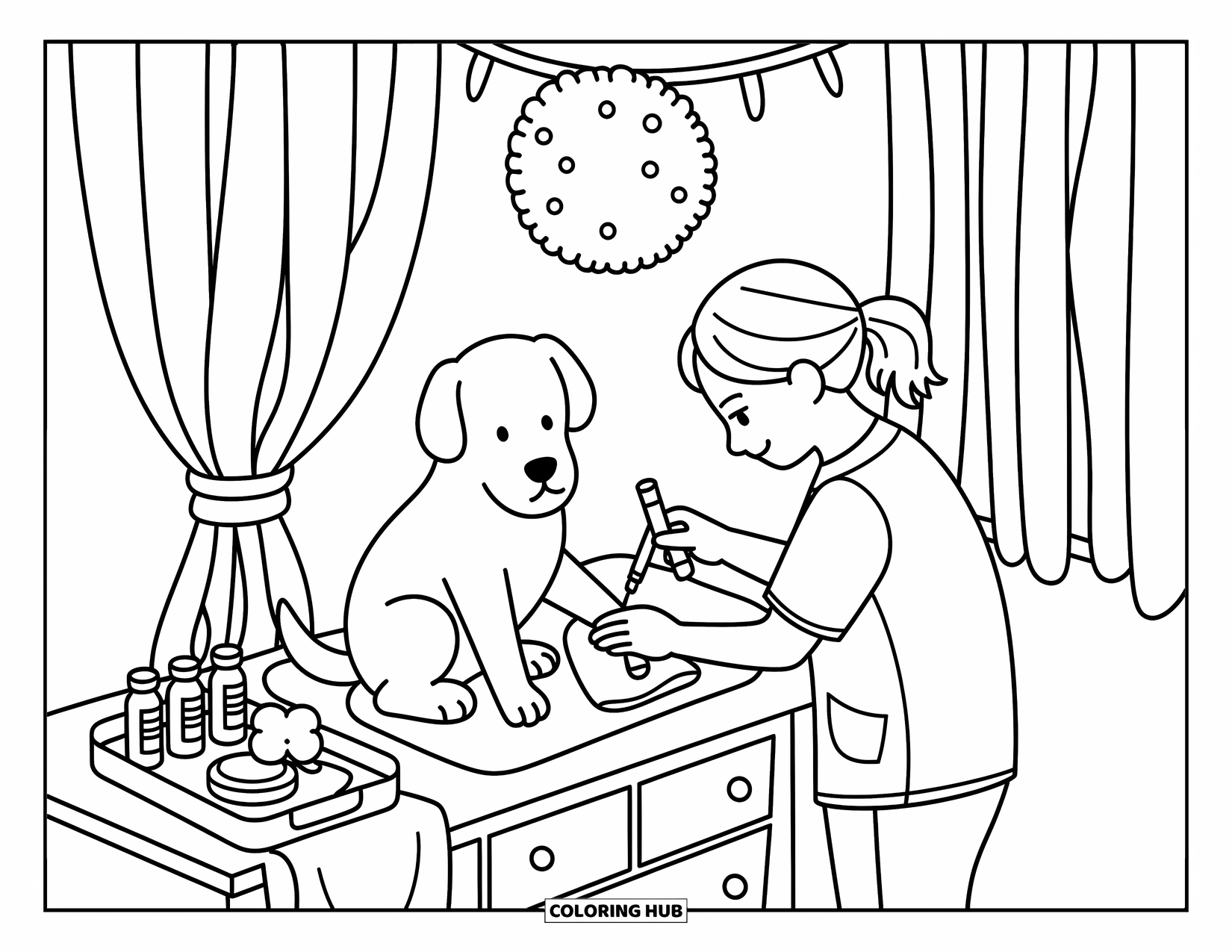 Vet Coloring Page for Adults: A plush toy comforts a dog during a gentle paw exam in the clinic