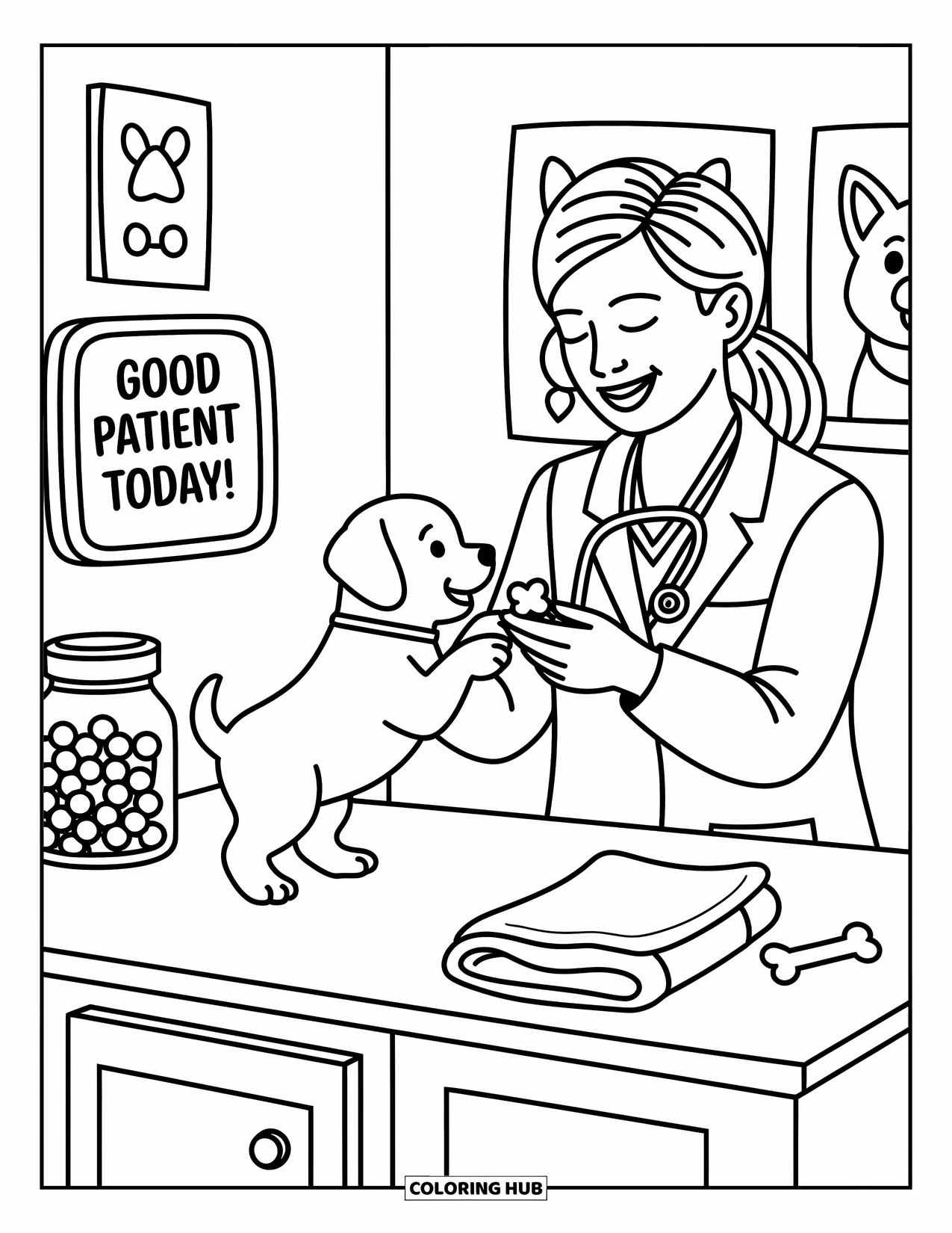 Vet Coloring Page for Adults: A puppy stands on hind legs reaching for a treat from a smiling vet