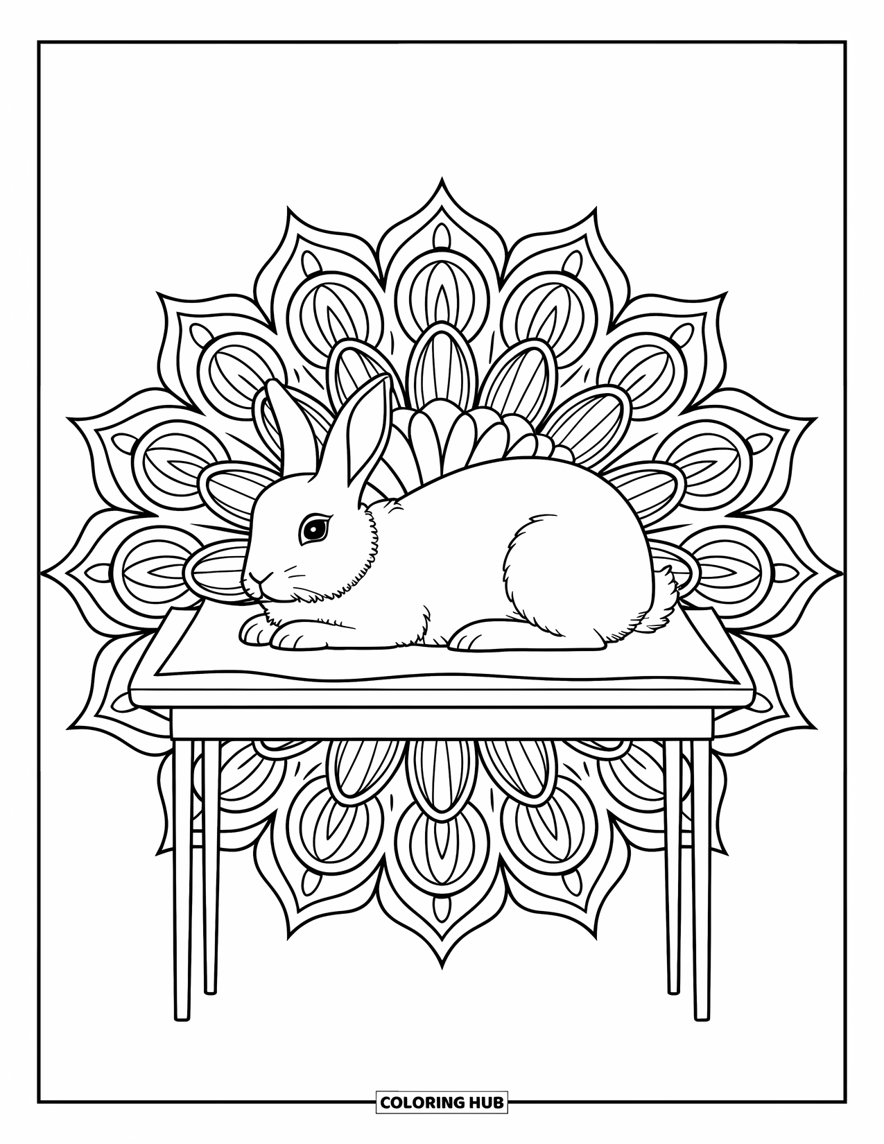 Vet Coloring Page for Adults: A relaxed rabbit rests on an exam table surrounded by floral mandala designs