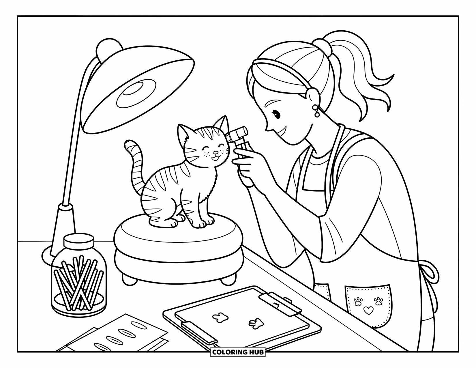 Vet Coloring Page for Adults: A sweet kitten tilts its ear as a vet gently checks it