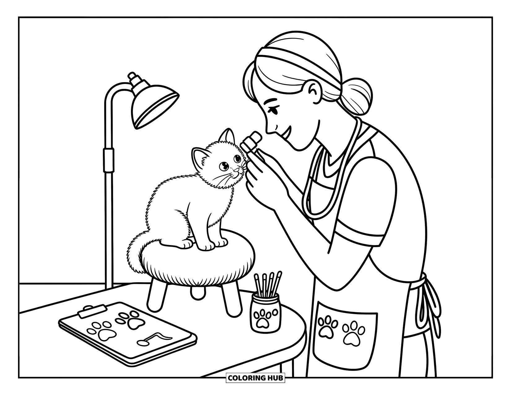 Vet Coloring Page for Adults: A tiny ear check-up for a playful kitten by a focused, kind vet