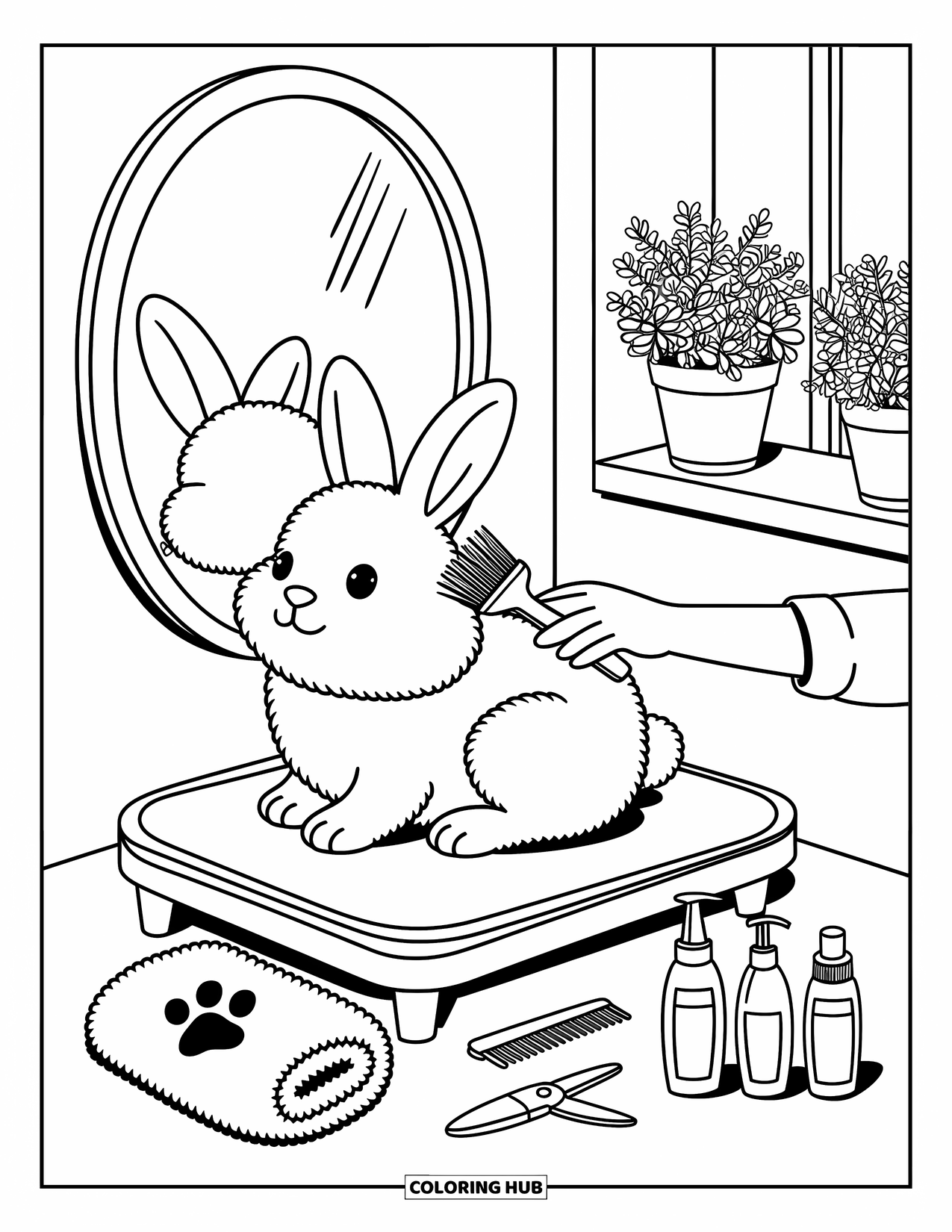 Vet Coloring Page for Adults: A vet brushes a bunnyís ears beside neatly arranged grooming tools and sunshine