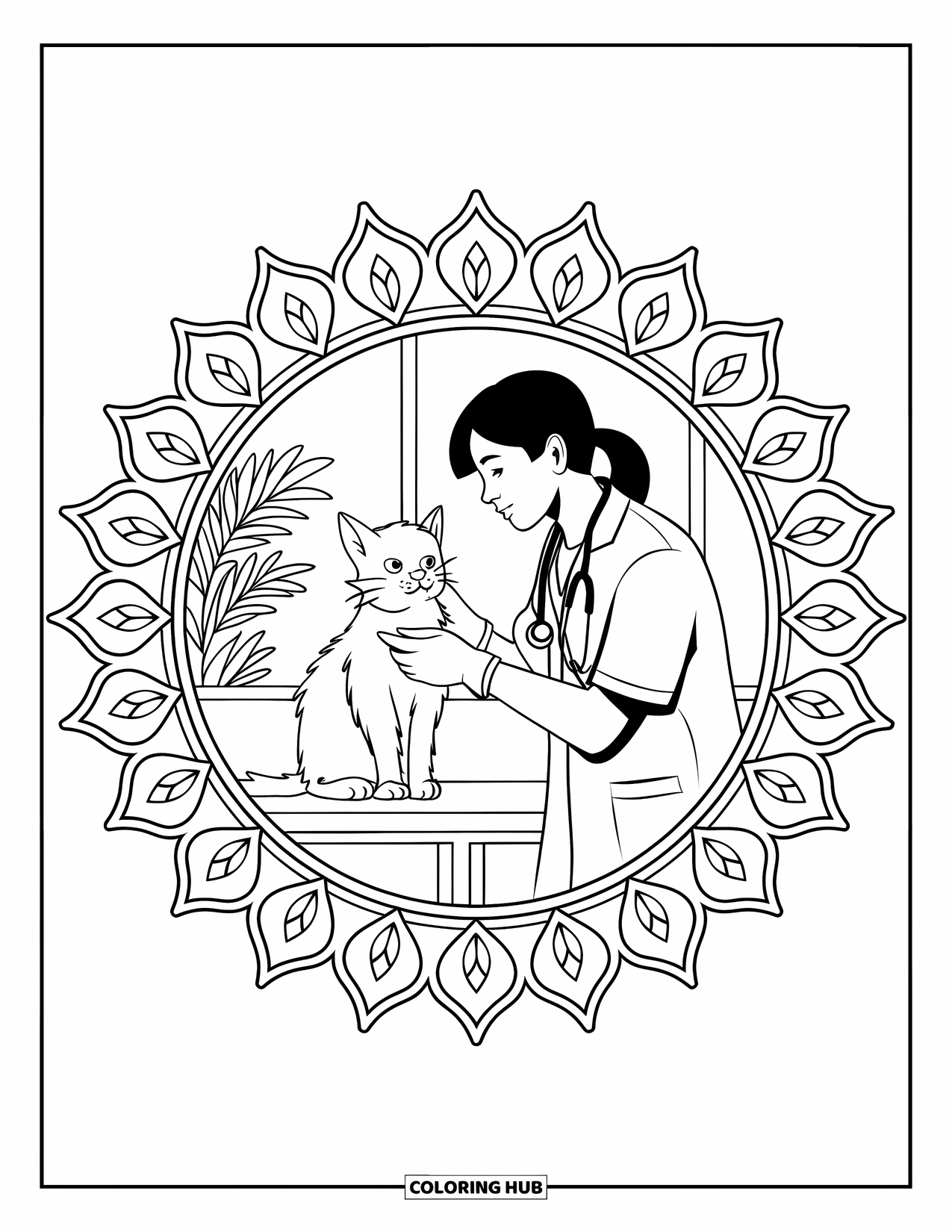 Vet Coloring Page for Adults: A vet examines a cat on a table with a floral mandala behind them