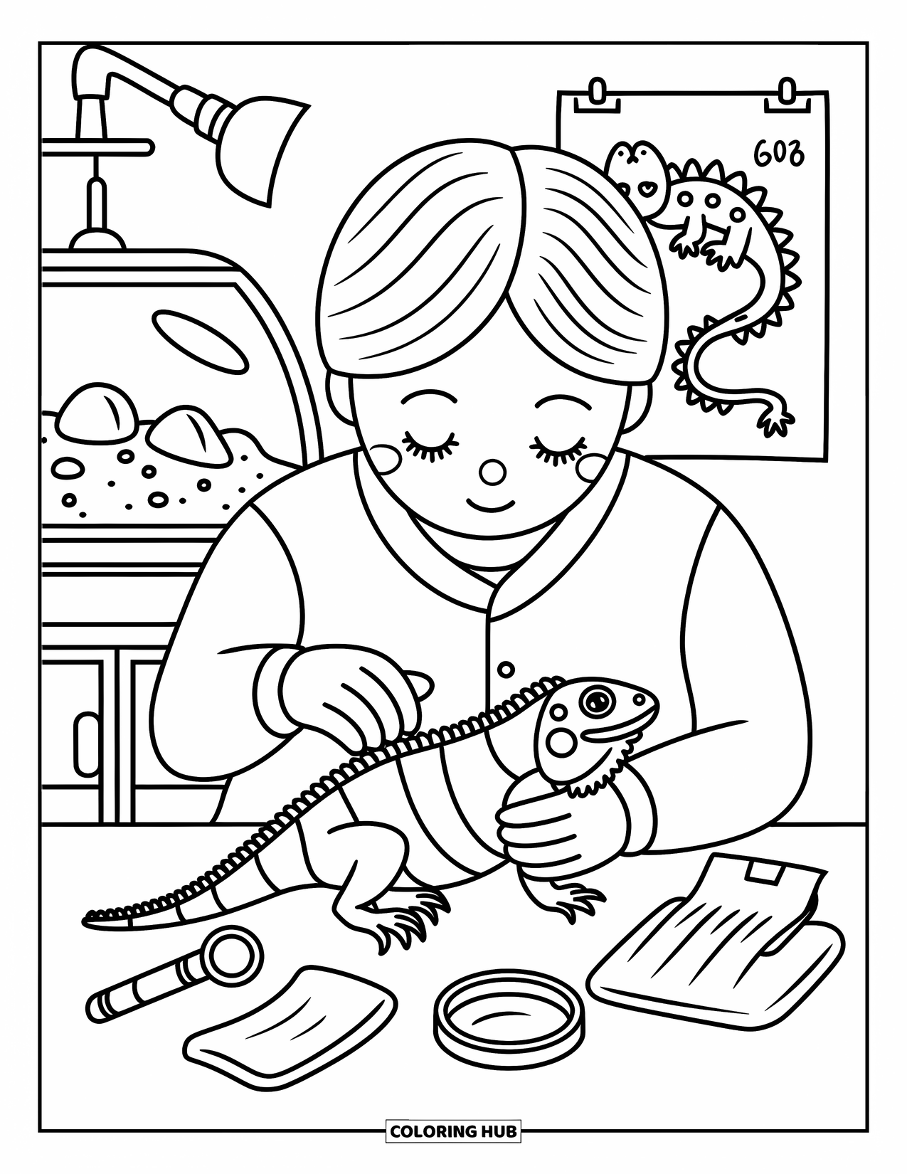 Vet Coloring Page for Adults: A vet gently inspects an iguana in a soft, warm treatment space