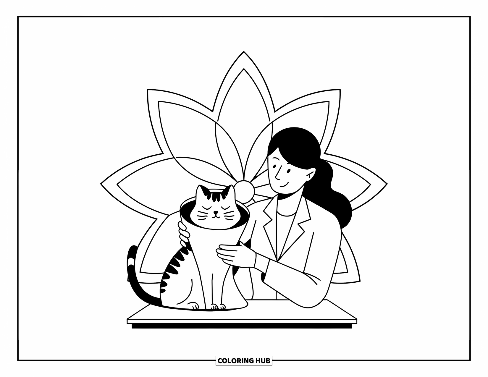Vet Coloring Page for Adults: A vet steadies a cat in a cone with petals forming a gentle background