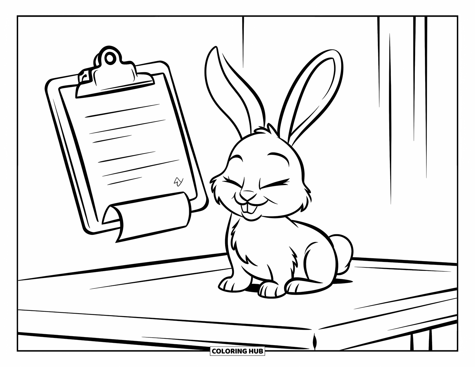 Vet Coloring Page for Kids: A bunny rests beside a clipboard in a clean, bright room