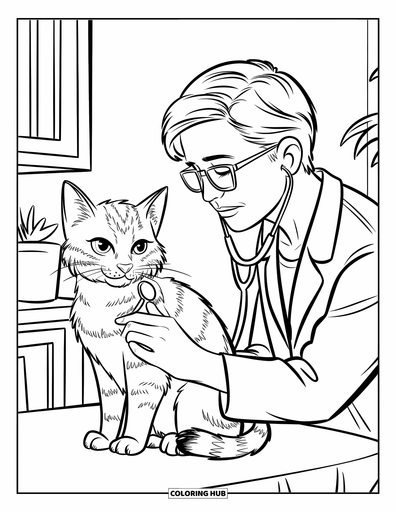 Vet Coloring Page for Kids: A calm cat sits while the vet checks its health