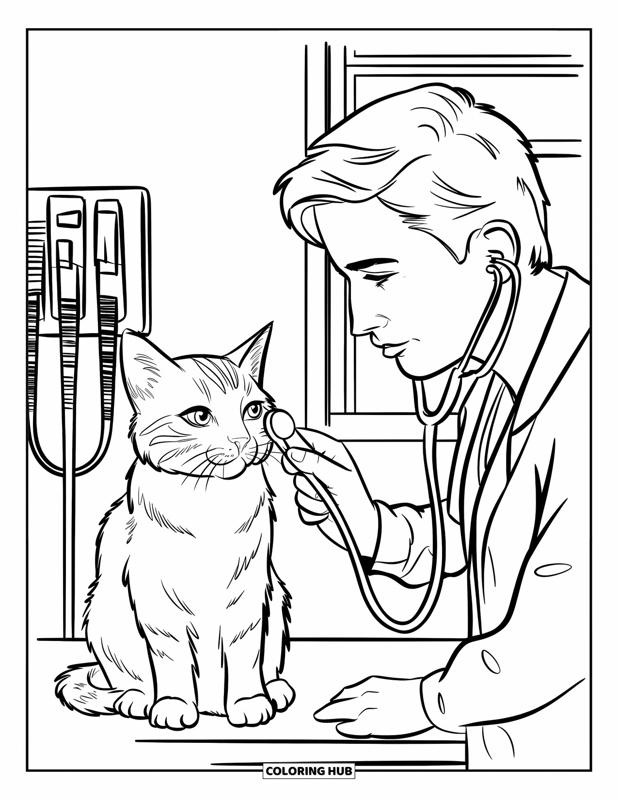 Vet Coloring Page for Kids: A cat gets its temperature taken at a vet's table