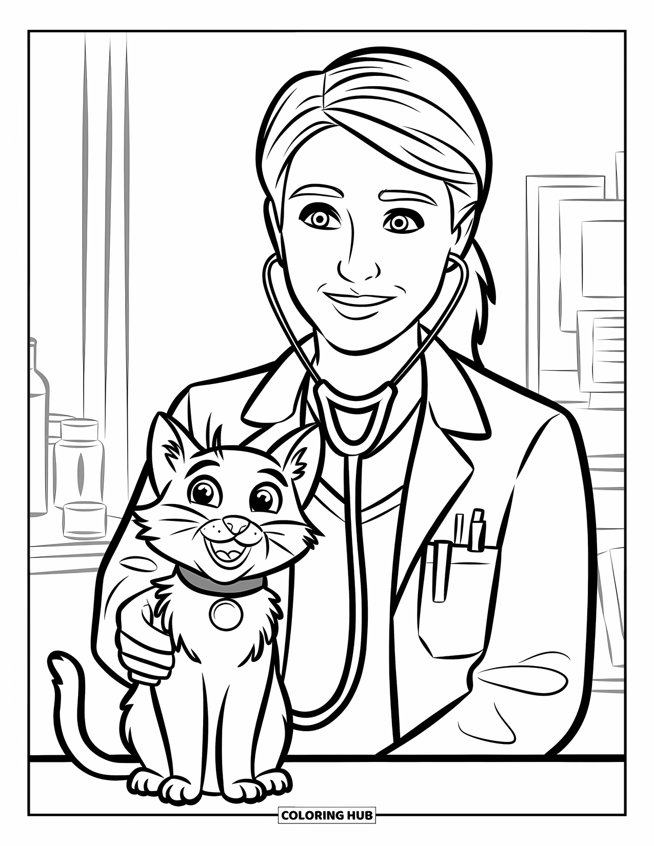 Vet Coloring Page for Kids: A cheerful cat with big eyes gets a check-up from a caring vet