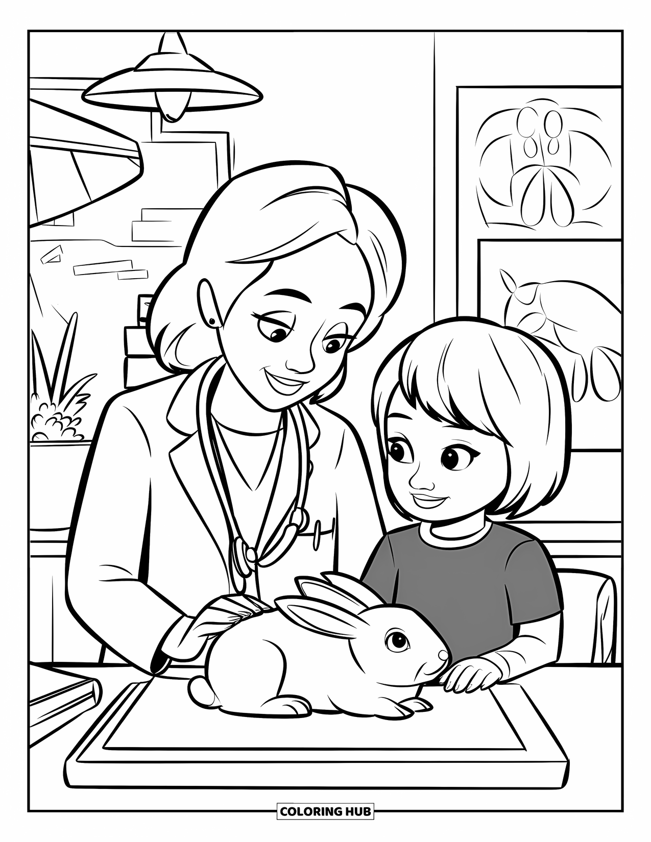 Vet Coloring Page for Kids: A child listens closely as a vet explains a rabbit x-ray