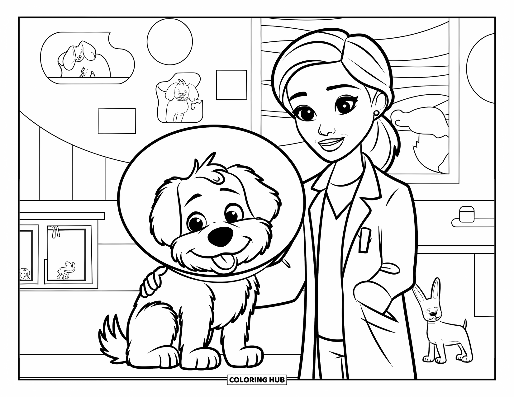 Vet Coloring Page for Kids: A cone-wearing dog stands beside a vet in a gentle, clean clinic