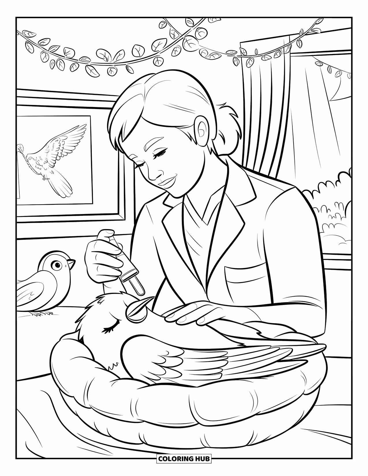 Vet Coloring Page for Kids: A cozy recovery room with a bird, a dropper, and soft light streaming in