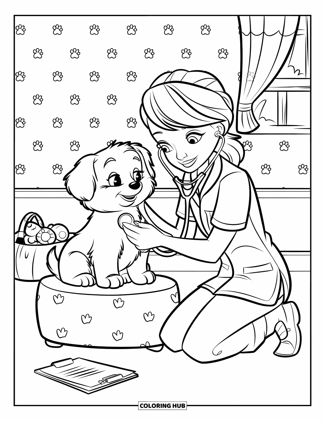 Vet Coloring Page for Kids: A fluffy puppy gets a check-up while sitting on a soft stool