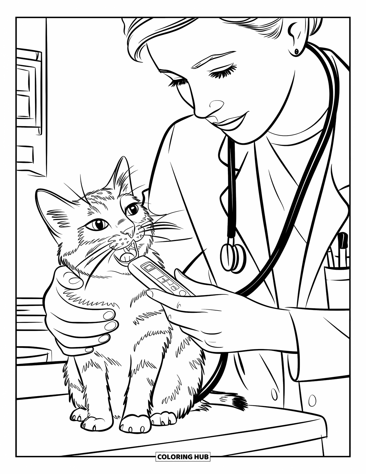 Vet Coloring Page for Kids: A gentle check-up moment as a cat's temperature is taken with care