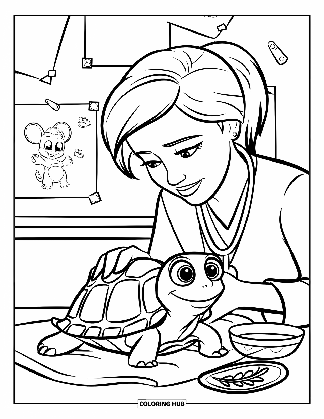 Vet Coloring Page for Kids: A gentle turtle check-up beside water, greens, and happy pet drawings