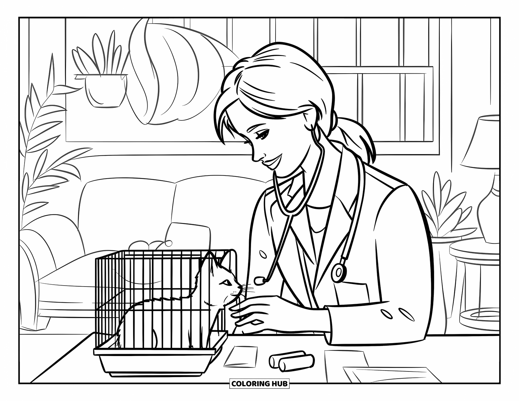 Vet Coloring Page for Kids: A kitten gets medicine from a caring vet inside a warm, inviting room