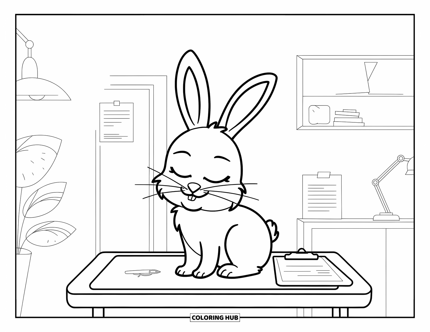 Vet Coloring Page for Kids: A peaceful bunny waits quietly during a clinic visit