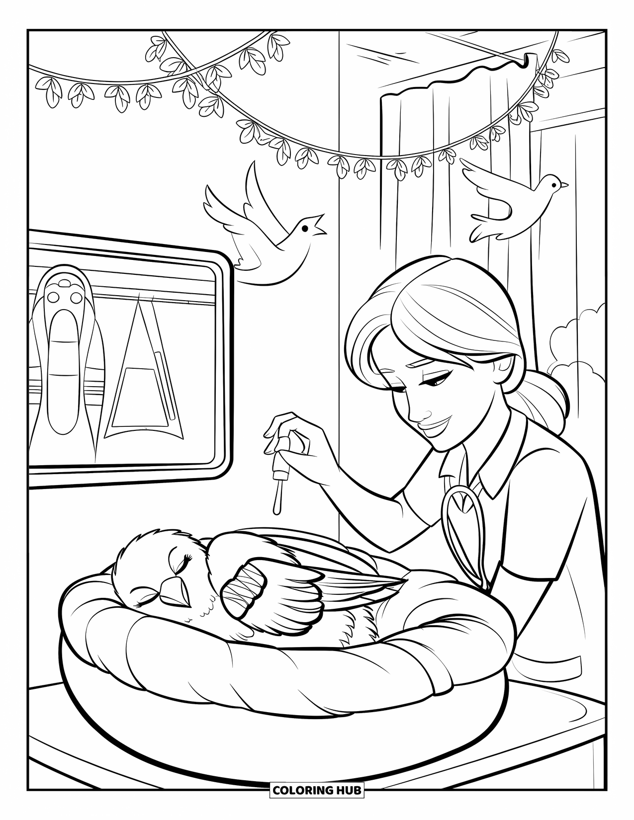 Vet Coloring Page for Kids: A sleepy bird with a cast gets medicine in a warm, sunlit room