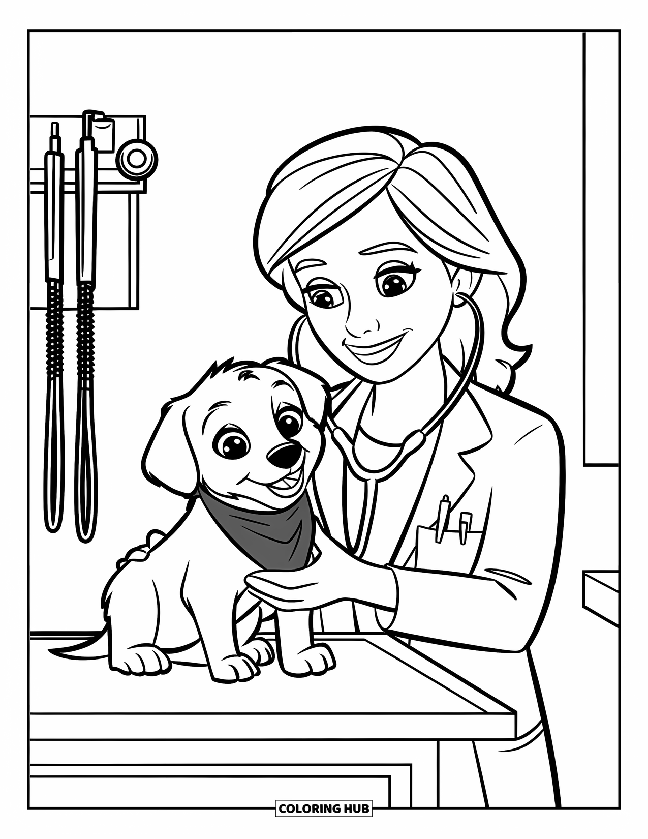 Vet Coloring Page for Kids: A smiling vet holds a puppy on the exam table in a bright room