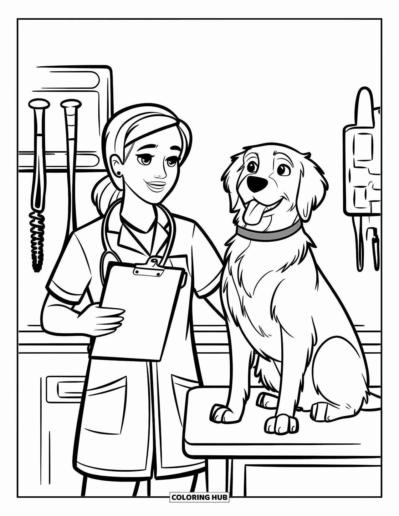 Vet Coloring Page for Kids: A vet assistant holds a clipboard while a dog waits on the table
