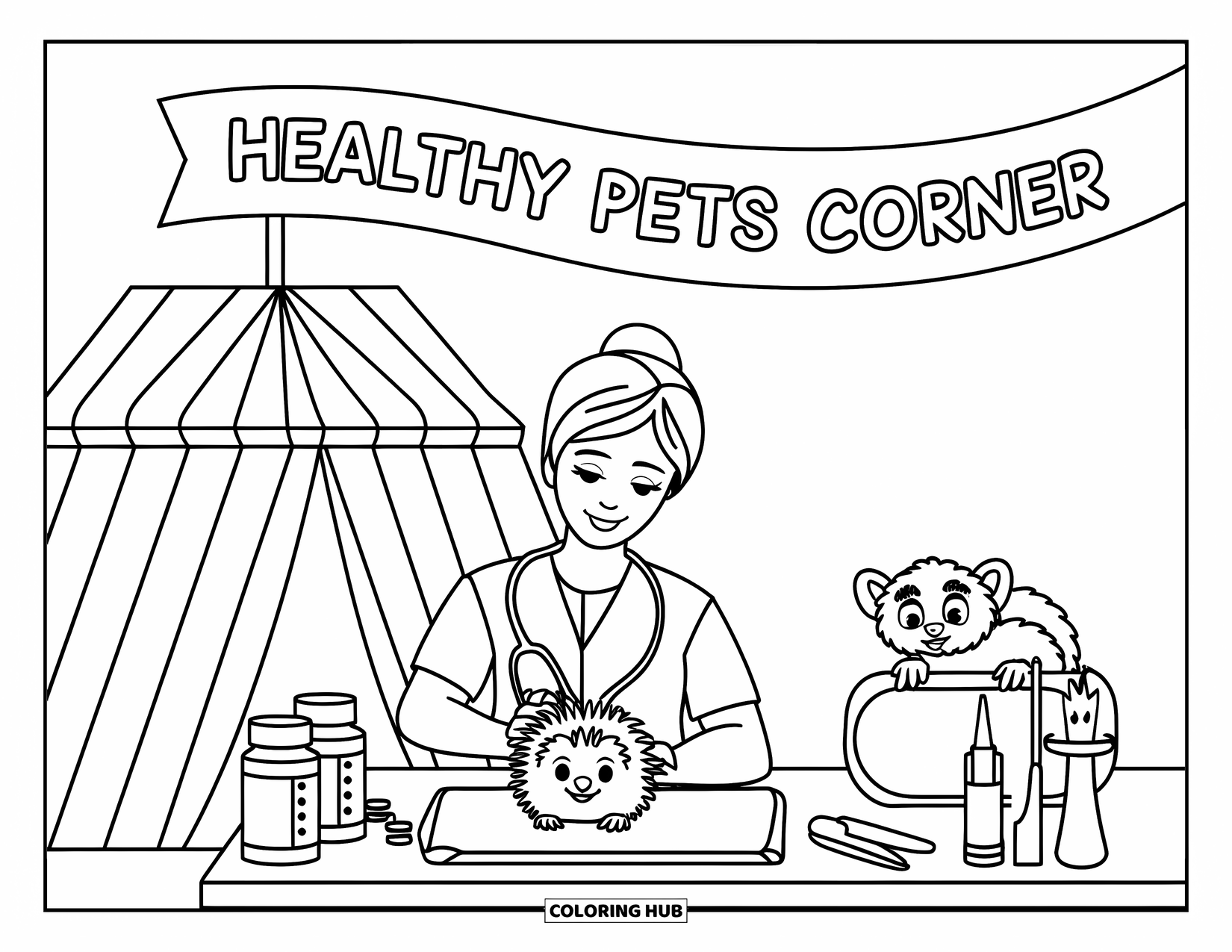 Vet Coloring Page for Kids: A vet checks a hedgehog's heartbeat while a ferret peeks out nearby