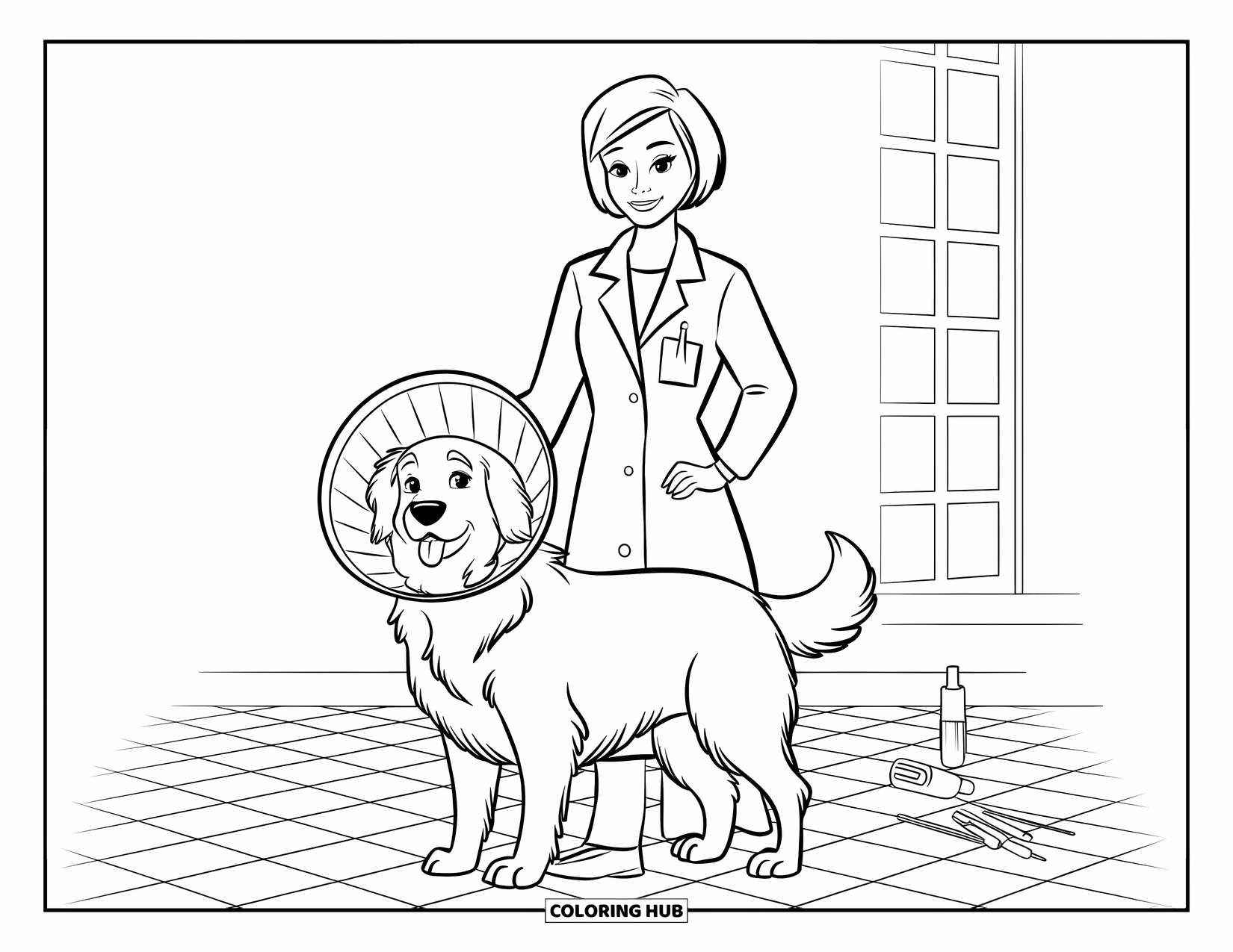 Vet Coloring Page for Kids: A vet comforts a dog wearing a cone on a checkered floor